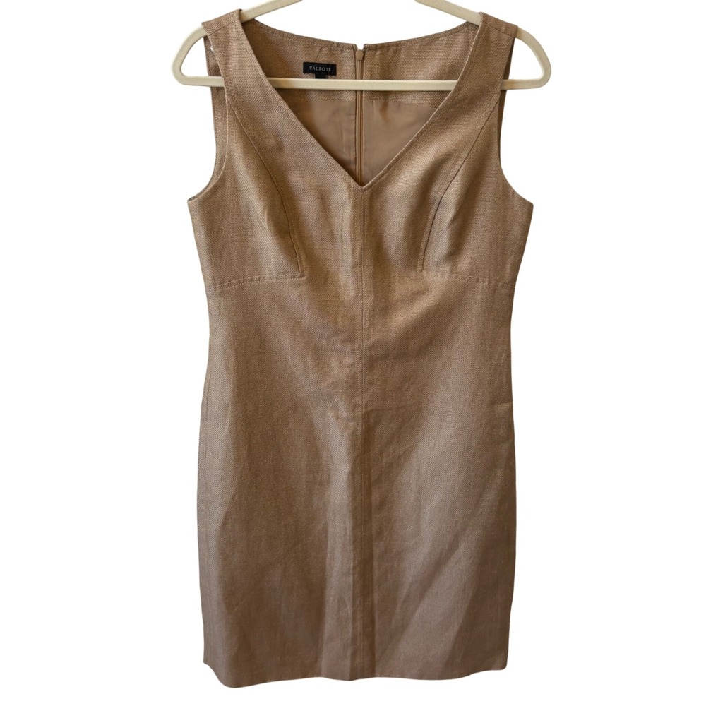 Talbots Sleeveless V-Neck Dress Size 4 Beige Gold Metallic Linen‎ Blend Career